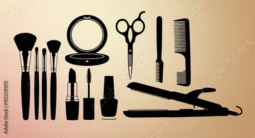 Collection of beauty and hair styling tools and makeup items.