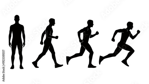 Silhouetted sequence showing human evolution from standing to sprinting.