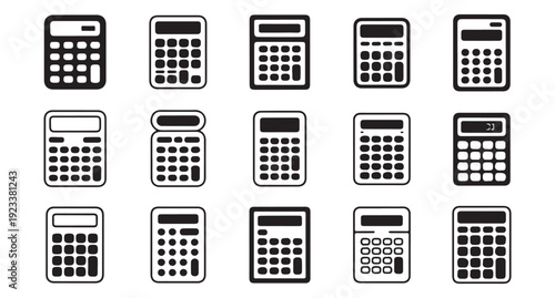 Set of black and white calculator icons illustrating various designs of calculating devices