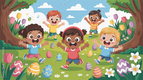 Happy children playing with easter eggs in a colorful spring garden with flowers and trees