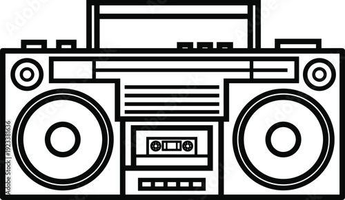 Black Outline Vector Illustration of a Retro 1980s Portable Boombox, Featuring Cassette Deck and Large Speakers, Representing Music, Vintage Technology, and Hip Hop Culture