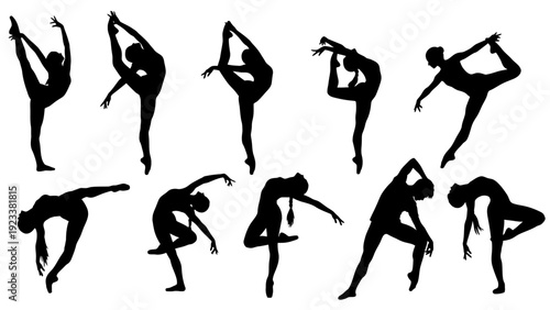 Silhouetted yoga poses in a series of dynamic stand and balance stances.