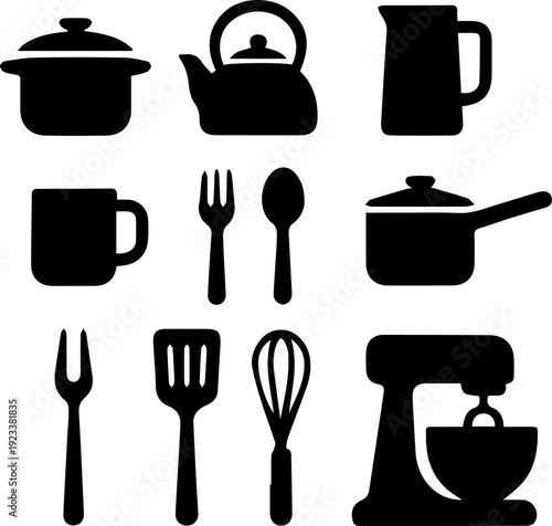 Kitchen Appliance Silhouette Icon Set Collection