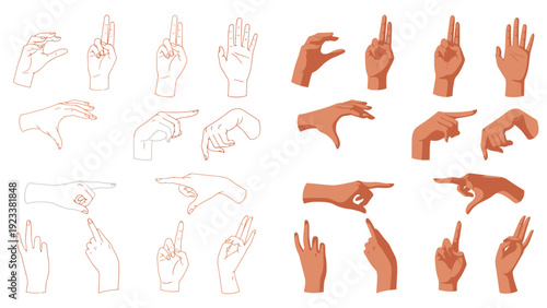 Collection of hand gesture illustrations showing various sign language finger positions and poses.