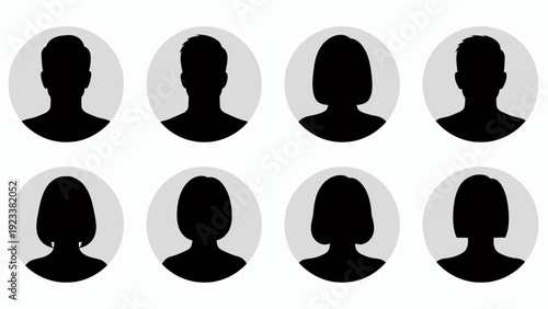 Multiple faceless silhouettes arranged in circular portrait shapes forming a grid of people.