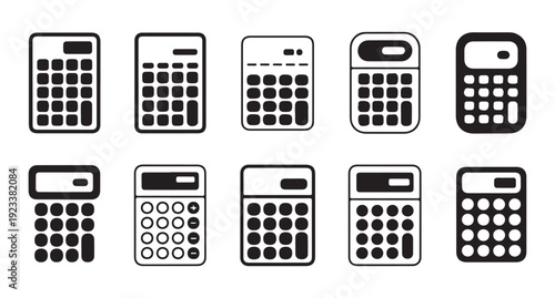 Various calculator icons on white background, modern and simple design elements