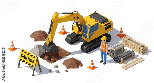3D Render of Excavator at Construction Site.