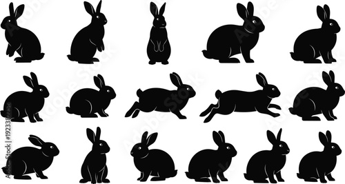 Black rabbit silhouette set showing multiple poses and movements, isolated on white background, flat vector illustration for animal design, logos, icons, stickers, children art