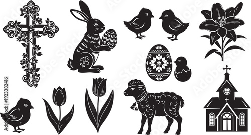 Black and white of Easter symbols and religious cross