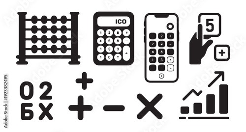 Mathematics and finance elements set featuring abacus calculator and growth chart vector art