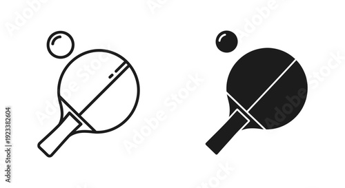 Minimalist table tennis paddle and ball icon set featuring outline and solid styles for sports app design and competition branding