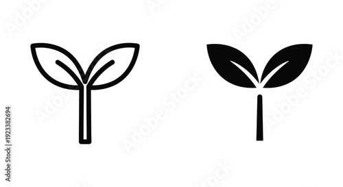 Minimalist seedling and sprout icons in outline and solid black styles for environmental sustainability, business growth, and nature-themed design projects