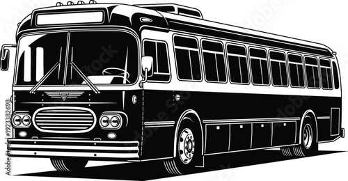 Black retro bus vector illustration, vintage public transport vehicle, classic city coach, old school travel symbol, isolated monochromatic graphic design element
