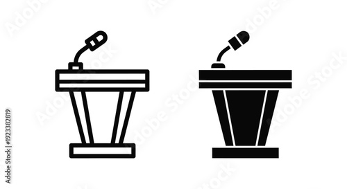 Professional podium and microphone icons in outline and solid styles for public speaking events, business presentations, and political press conferences