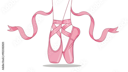 Graceful ballet dancer enpointe with pink ribbons and delicate shoes in soft pose.