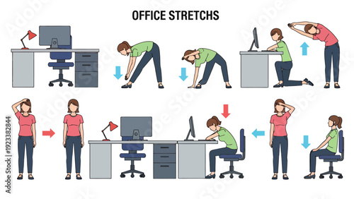 Series of office stretches and desk exercises shown for workplace wellness.