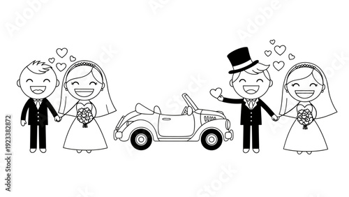 Cartoon wedding scene depicting a joyful couple with a car, vintage vibe, and celebratory vibes in a playful illustration.