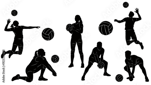 Group of Silhouetted Players Engaged in Dynamic Volleyball Poses.