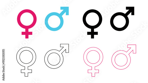 Set of gender symbols in multiple colors and outlines illustrating male and female icons.