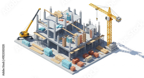 3D Model of Construction Site with Cranes.