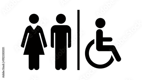 Public restroom accessibility pictogram showing male, female, and wheelchair symbols on a single sign.