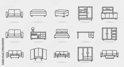 Collection of modern furniture line art illustrations.