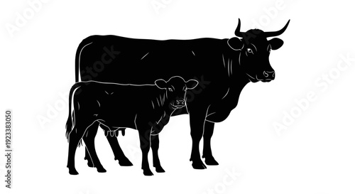 Silhouette of mother cow and calf standing side-by-side on white background