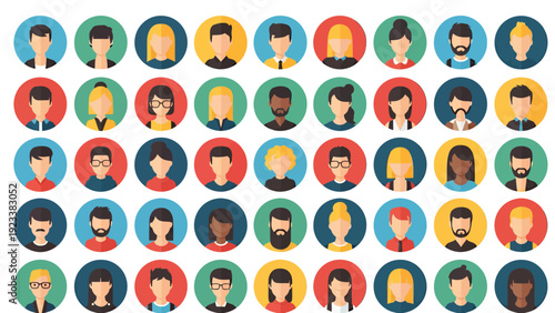 Grid of diverse circular portraits featuring multiple people in colorful avatars.
