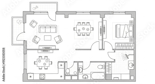 Architectural floor plan of a modern apartment layout.