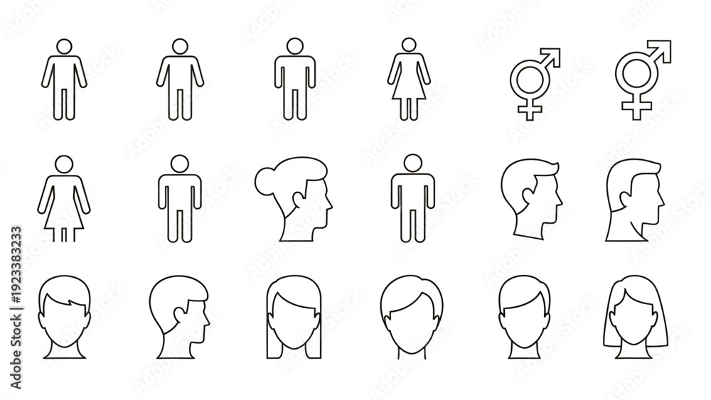 Fototapeta premium Collection of diverse human icons and accessibility symbols in simple line drawings.
