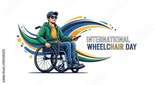 Illustration of a person in a wheelchair on International Wheelchair Day, promoting disability inclusion and accessibility with a colorful design.
