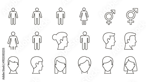 Collection of diverse human icons and accessibility symbols in simple line drawings.