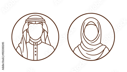 Two line drawing portraits of man and woman in traditional Middle Eastern attire.