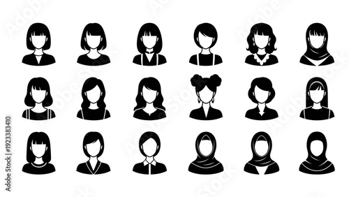 Set of twenty four monochrome female avatar icons arranged in a grid with simple profiles.