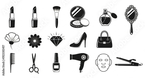 Collection of beauty and fashion related icons and symbols.