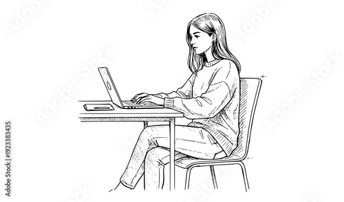 Hand Drawn Girl Working on Laptop at Desk Interior Sketch Vector Illustration