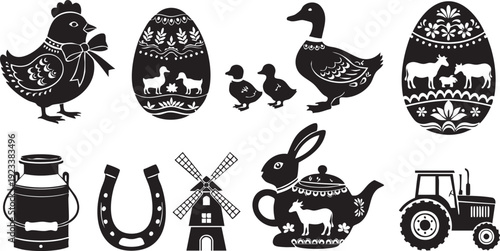 Black and white of farm animals, and symbols chicken duck eggs