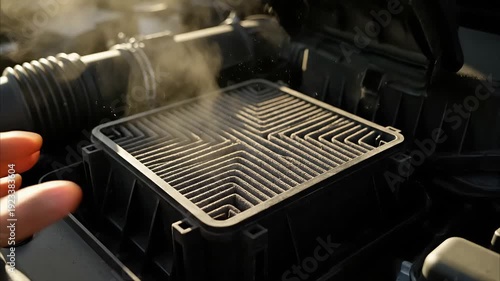 Mechanic hands servicing car air filter in engine