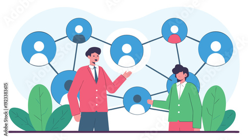 Two business professionals discussing and presenting in front of a network of abstract user icons and green leaves.