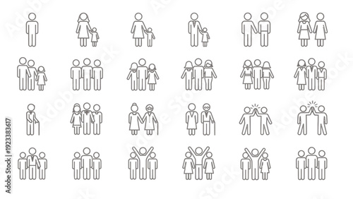 Diverse collection of grayscale human icons showing individuals and groups for UI design and branding contexts.