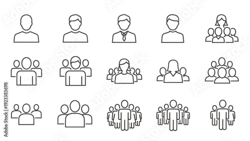 Iconic representations of diverse groups of people in various social and professional settings.