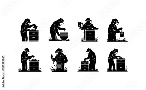 Beekeeper Tending to Bee Hives Illustration