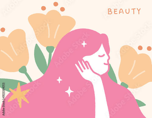 Skin care concept handdrawn illustration with beautiful woman and flowers.