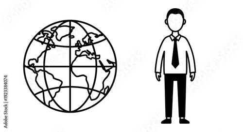 Man and Globe Line Art Global Business Illustration