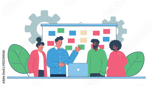 Diverse business team collaborating and presenting a project plan on a large task board with colorful sticky notes in an office.