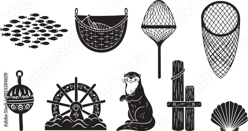 Black and white of fishing tools and sea creatures