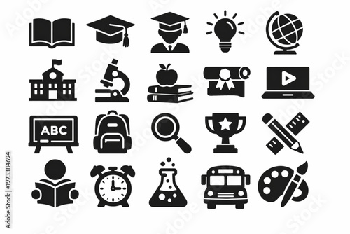 Learning icon set. Containing study, graduation, student, knowledge, learning, school and stationery icons. Solid icon set. Vector illustration.