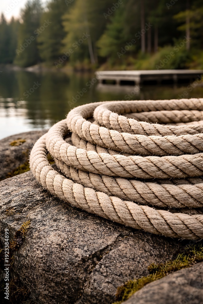 Fototapeta premium Thick Rope Coiled on a Rock by a Lake nautical marine