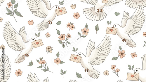 Romantic seamless pattern of white doves carrying love letters in their beaks among pink flowers and delicate green leaves.