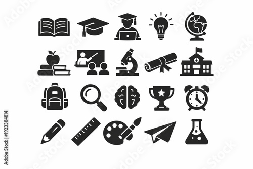 Education icon set. Containing study, graduation, student, knowledge, learning, school and stationery icons. Solid icon set. Vector illustration.